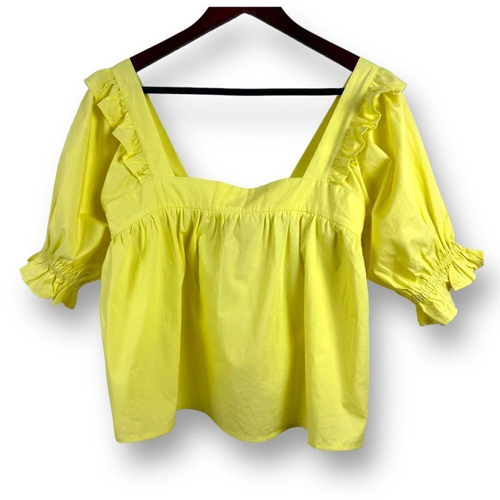 Sugarlips Women's Size M Square Neck Peasant Blouse Bright Yellow Puff Sleeve Ne